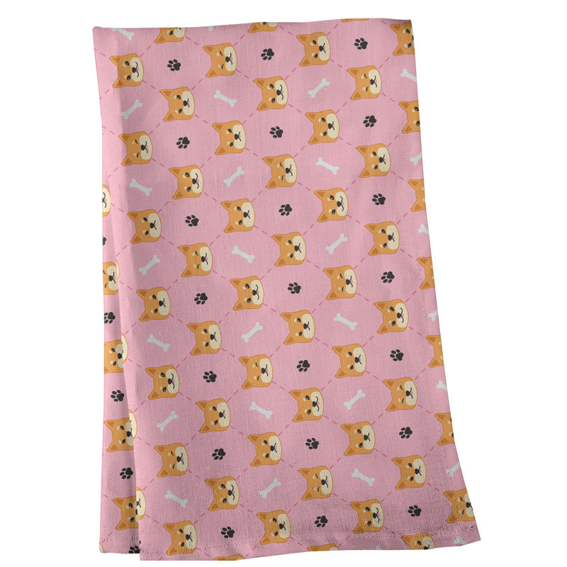 Serviette à thé à motif shiba shiba, Rose pastel, Polyester sergé
