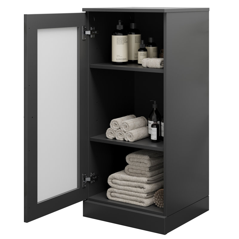 100% Solid Wood 16.5" Bathroom Cabinet with Frosted Glass Door and Adjustable Shelves, Black