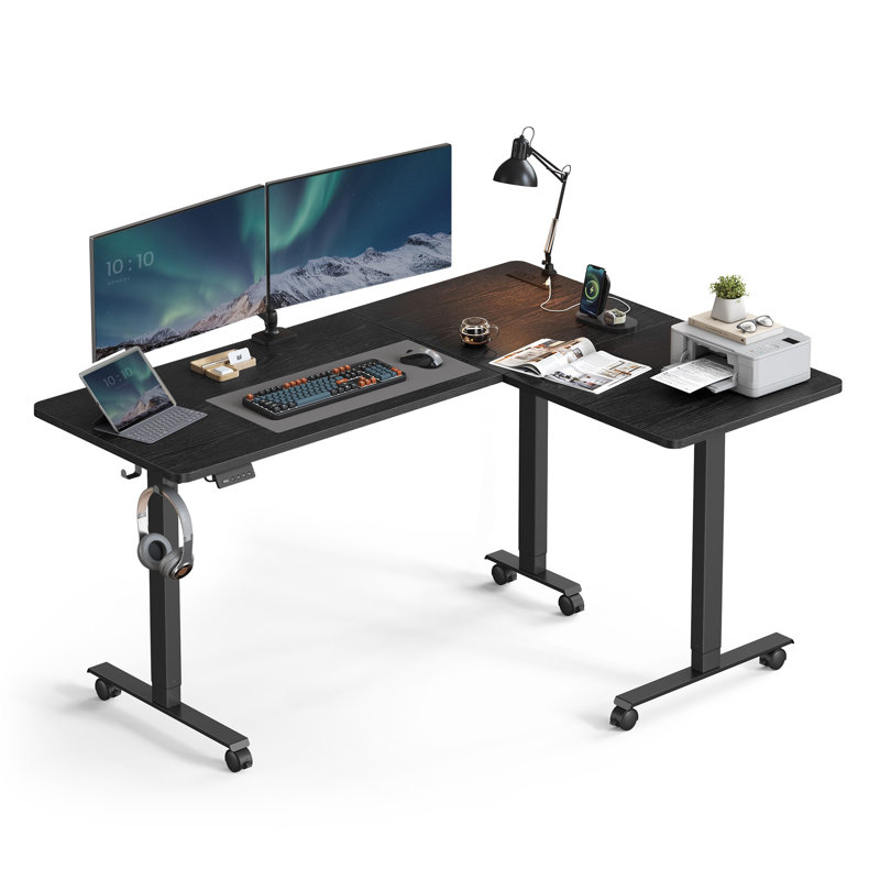 63" L Shaped Height Adjustable Computer Desk With Wheels, Black