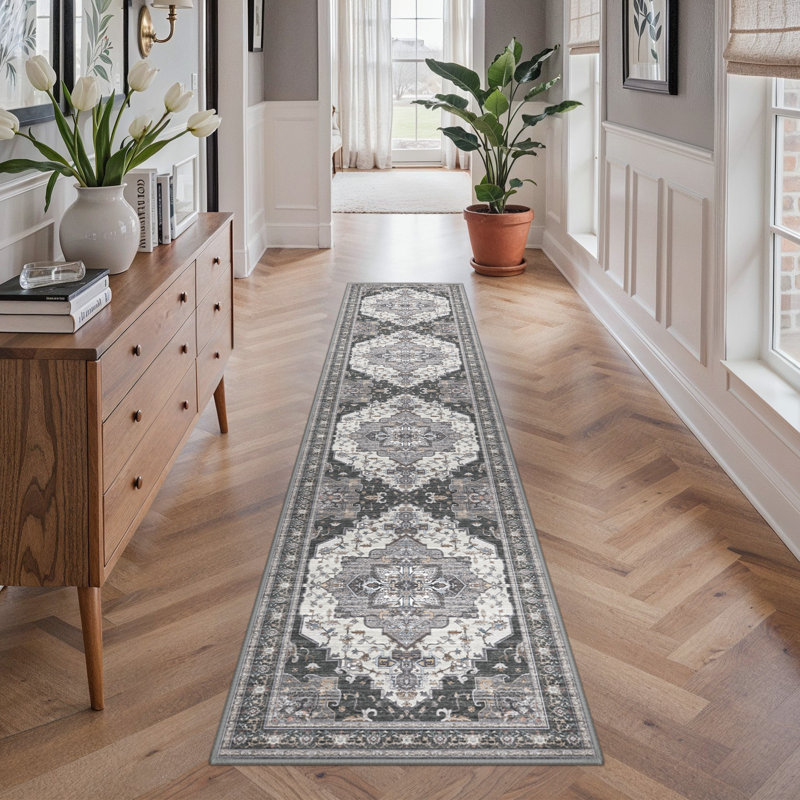 Oriental Neutral Dark Gray Machine Washable Non-Slip Indoor Runner Rug, Runner 2' x 10'