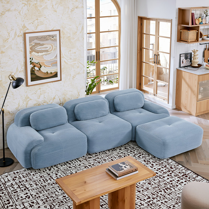 Canapé d'angle modulaire en velours côtelé bleu ciel, 116 po, assises profondes et accoudoirs incurvés, Bleu