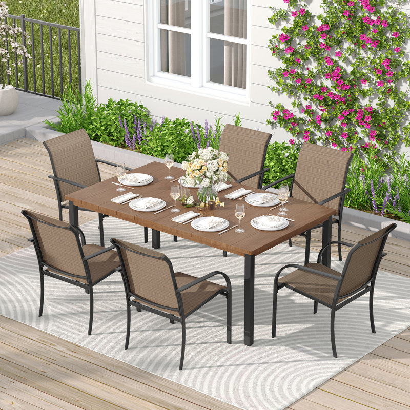 Leyre 6 - Person Metal Patio Dining Set with Rectangular Table, Brown/Brown