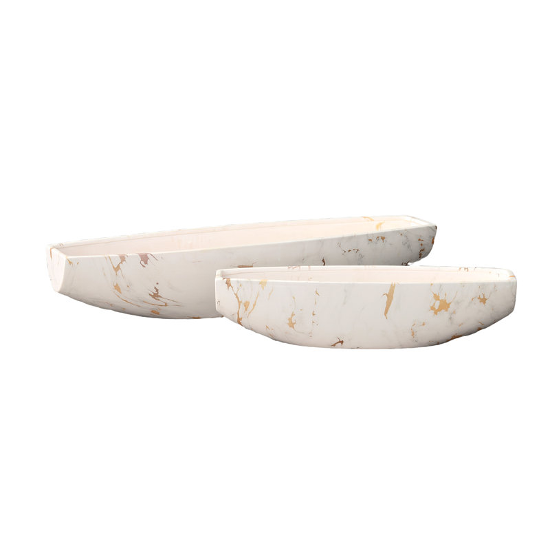 Ceramic Low Boat Shape Pot Set of Two Matte Finish White and Gold-5.50"H