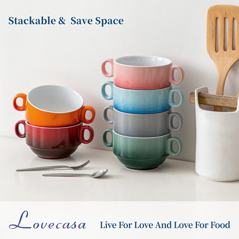 Soup Bowl With Handle 380Ml 13Oz, Ceramic French Onion Soup Bowl, Stackable Handle Bowl Set Of 6