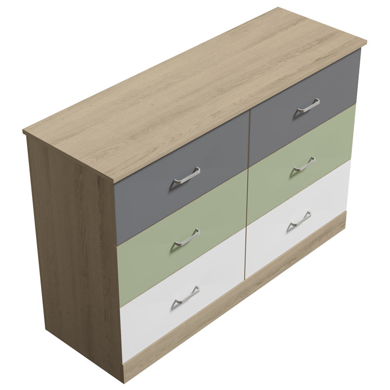 Commode double à 6 tiroirs Allyannah, Chêne Oslo / vert sauge / gris froid / blanc