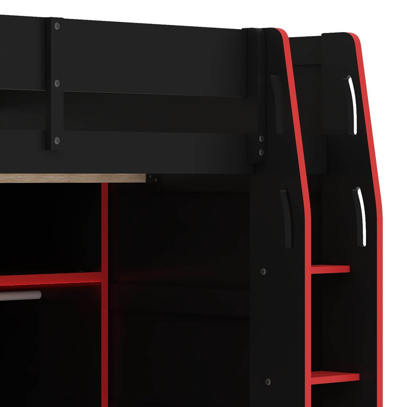 Lit mezzanine double avec bureau, lumières RVB, garde-robe et compartiments de rangement, Rouge