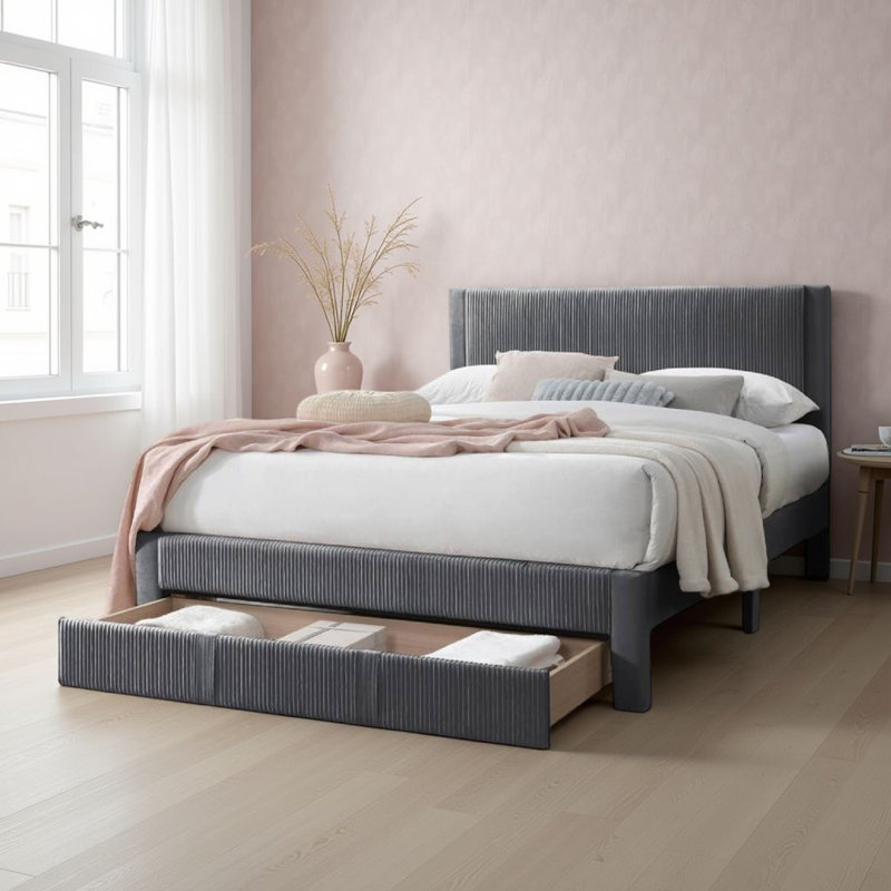 Grand lit plateforme avec rangement en velours côtelé, Gris anthracite