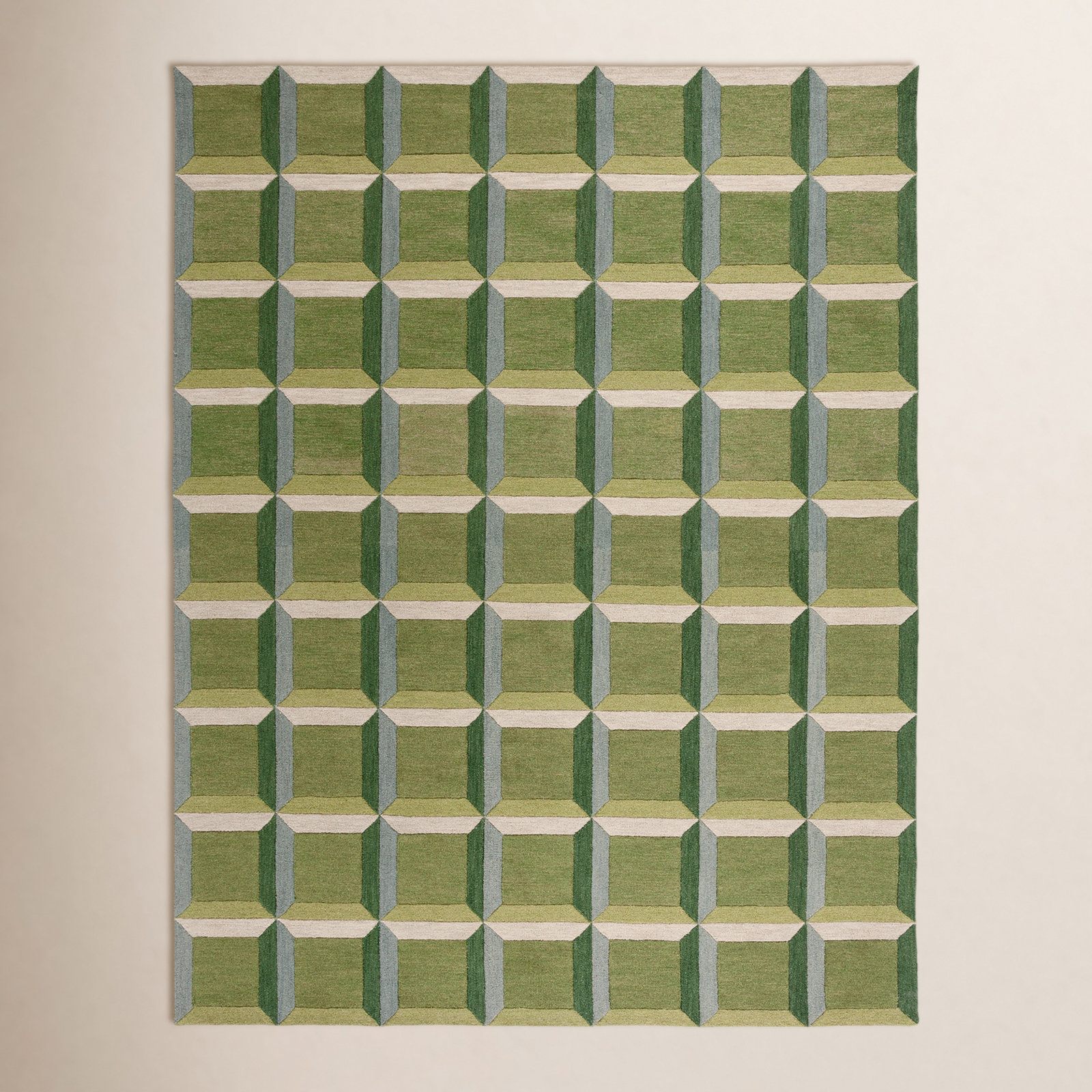 Giedre Green Beige Hand-Tufted Wool Rug, Rectangle 6' x 9'