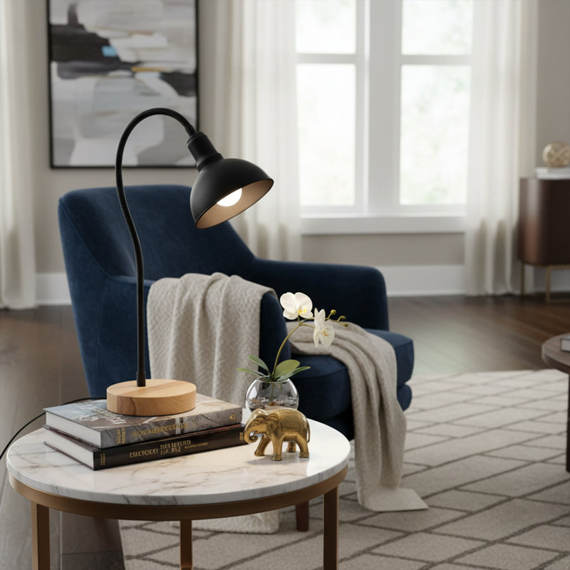 Adjustable Head Metal Body Wooden Base Table Lamp