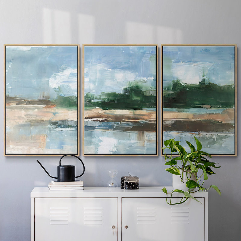 Tropical Shore I, reproduction encadrée sur toile 3 pièces, H 36 po x l 75 po x P 2 po, Naturel