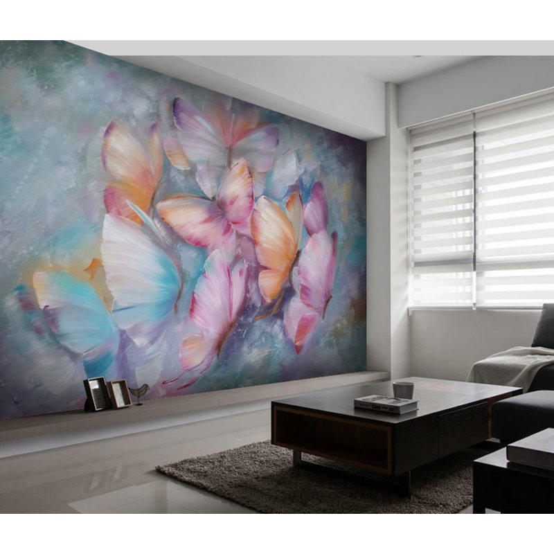 Papier peint texturé amovible à l'huile avec papillons colorés, l 75 po x L 49 po