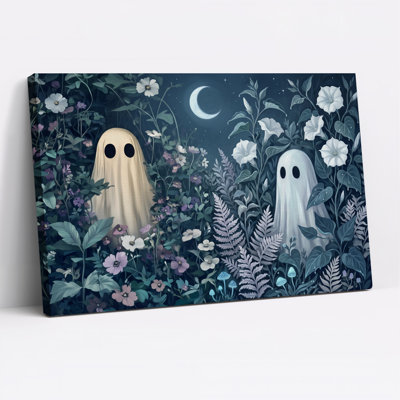 Art mural sur toile crème et blanc dans un jardin au clair de lune avec Halloween