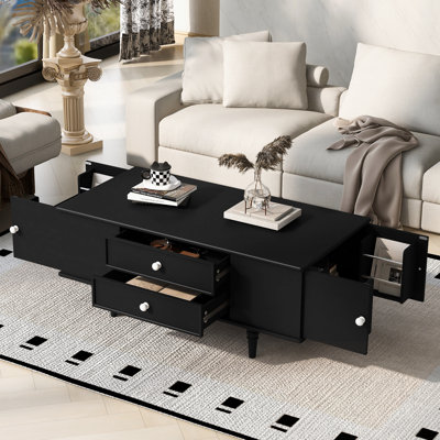 Table basse rectangulaire avec quatre tiroirs et deux compartiments de rangement cachés