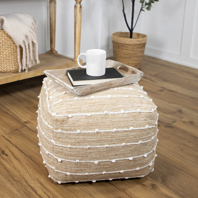 Pouf carré en coton tissé à rayures texturées - 14 po - Beige