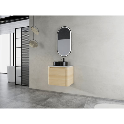 Meuble-lavabo mural 24 po avec lavabo d'art en céramique, 1 porte à fermeture en douceur, contreplaqué emballé Kd, pierre plate blanche, 45 poignées cachées, organisation confortable et fonctionnelle
