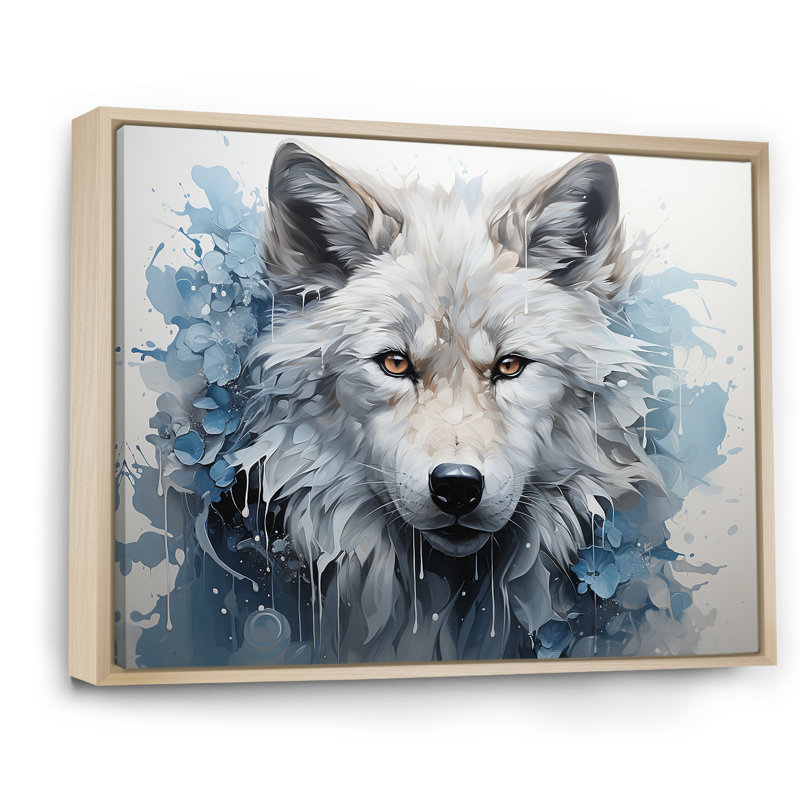 Portrait de renard bleu et blanc I sur toile, Cadre naturel flottant, H 12 po x l 20 po x P 1 po