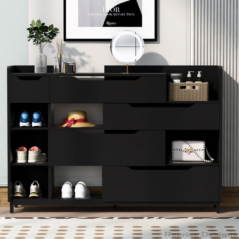 Black Modern Fabric and Metal Shoe Storage Cabinet with Drawers