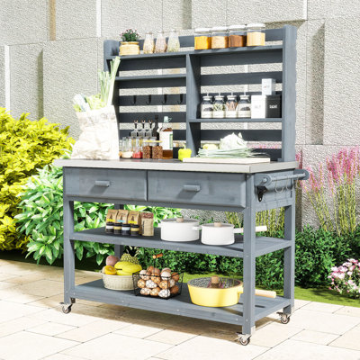 Banc de rempotage d'extérieur en bois de sapin avec plateau en acier inoxydable, rangement et support supérieur réglable