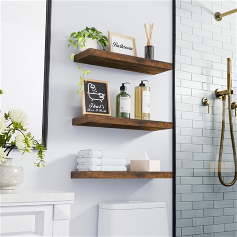 Set Of 4 Floating Shelves Bathroom For Wall – Farmhouse Rustic Wood, Brown