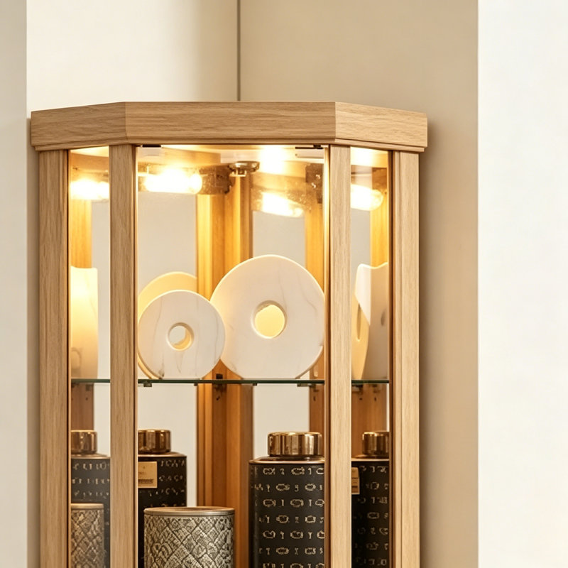 Vitrine de coin lumineuse avec vitrine élégante, Chêne