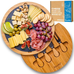 Bamboo Cheese Board with Cheese Tool Set and Slate - 30cm Round Charcuterie Board - Wooden Cheese Board Gift Set
