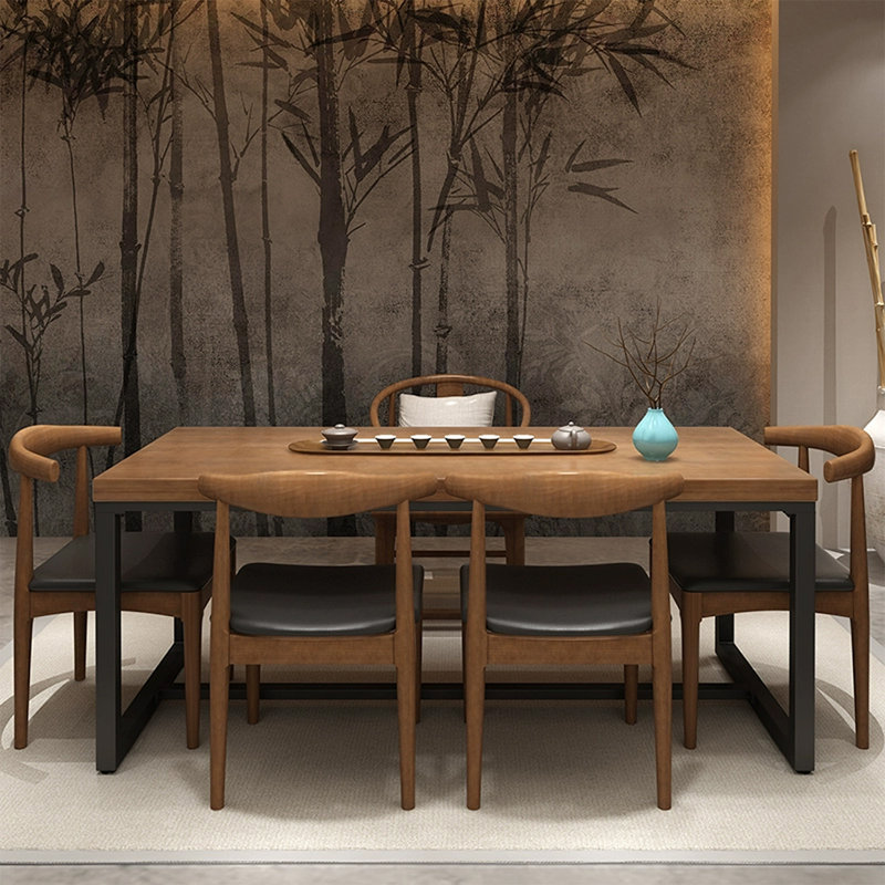 Table à manger rectangulaire en bois massif brun et noisette + fer, H 29,53 po x L 55,12 po x l 27,56 po