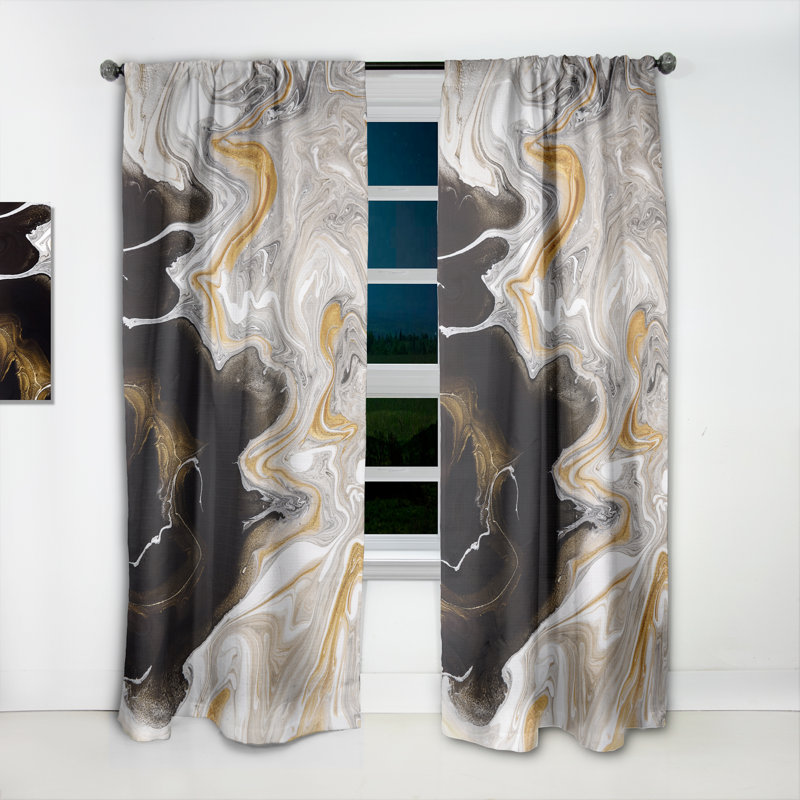Black And White Liquid Marble Waves I - Modern Curtain - Room darkening - 1 panel, 52" W x 120" L