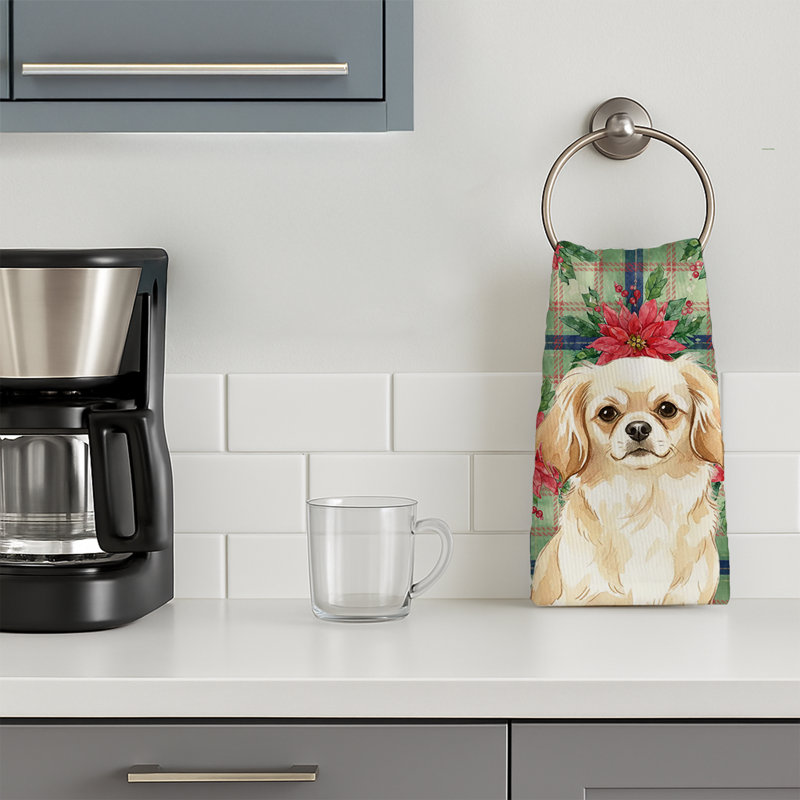 Cream Tibetan Spaniel Christmas PoinsettIas Kitchen Towel, Cream Tibetan Spaniel