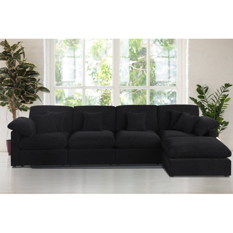 Canapé modulaire luxueux en tissu chenille 5 pièces avec repose-pieds, Chenille noir, H 33,5 po x l 152 po x P 73 po
