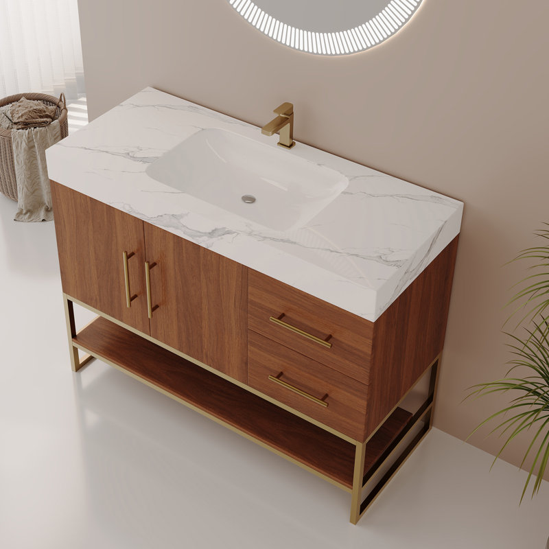 Iscari 36" Modern Vanity With Seamless Ceramic Sink & Gold Accents, Walnut, White Marbel
