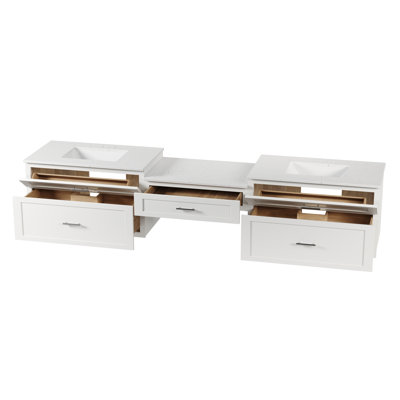  102" Floating Wall Mounted Double Bathroom Vanity With Desk Carrara Quartz Top