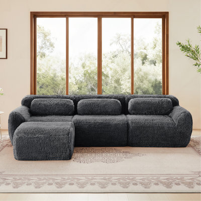 L-shaped Soft And Fluffy Plush Fabric,Boneless Sofa,With Throw Pillows 32D High Density Sponge,No Assembly Required Bottom,Anti-Slip Design Buckle Connection,Movable Ottoman For Living Room,Dark Grey