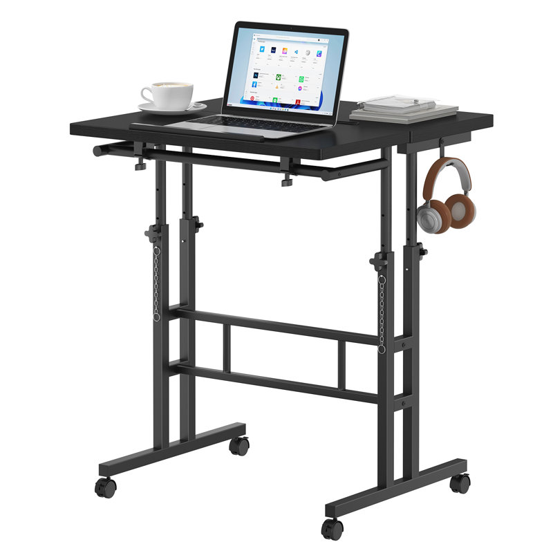 Mobile Sit-Stand Laptop Table, Height-Adjustable Laptop Desk with Tiltable Tabletop, Rolling Stand Up Computer Desk with Hanging Hook & Lockable Casters for Home Office