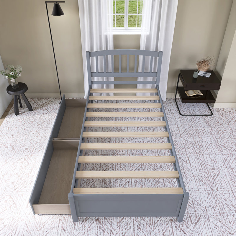 Lit plateforme avec tiroirs en bois, Gris