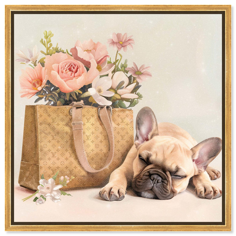 Art sur toile Sleepy Frenchie, Cadre flottant doré, H 25 po x l 25 po x P 1,8 po