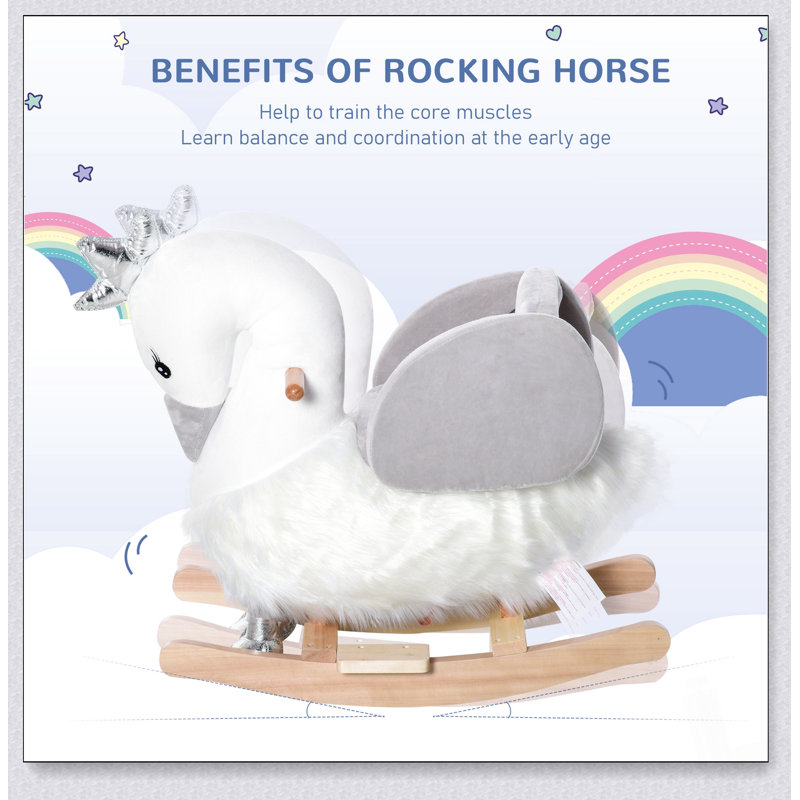 Cheval à bascule inspiré du cygne avec son, siège moelleux, base en bois et ceinture de sécurité pour tout-petits de 18 à 36 mois