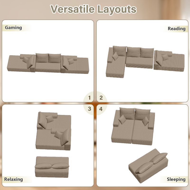 Boneless Cloud Modular Sectional Couch for Living Room, Large U-Shaped Floor Sofa Set with 6 Pillows, 144.9x69.7 Fluffy Deep-Seat Comfy Corduroy Sofa with Left & Right Chaise Lounges, No Assembly
