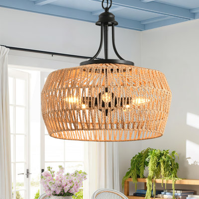 19" Hand Woven Rattan Chandeliers, 5-light Boho Coastal Pendant Light Hemp Rope Drum Shade For Kitchen Island Bedroom Living Room Dining Room Entryway Drum