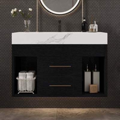 29.9" Modern Floating Bathroom Vanity With Sintered Stone Top Ceramic Undermount Sink