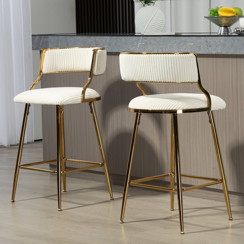 (Set Of 2) 26'' Counter Height Bar Stools Corduroy Kitchen Island Counter Bar Stool With Back,Golden Chromed Base And Footrest (Beige)
