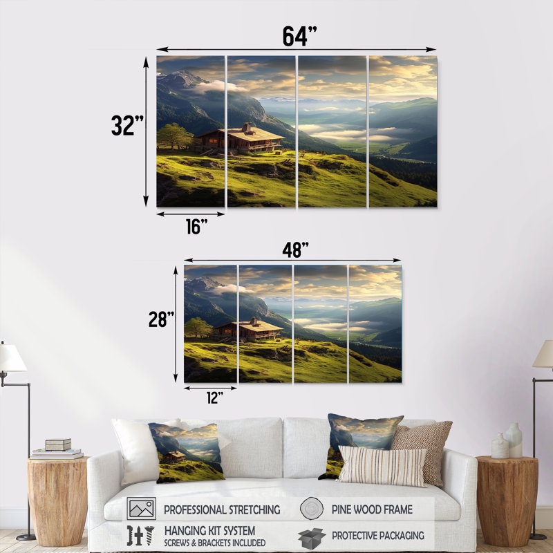 «Mountain House In The Valley Morning Clouds II - Mountains», art mural 4 pièces, H 32 po x l 64 po