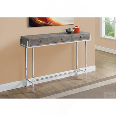 Table d'appoint, console, vestibule, étroit, canapé, tiroir de rangement, salon, chambre à coucher, stratifié brun, métal chromé, contemporain, moderne