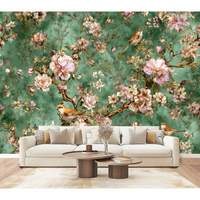 Papier peint adhésif rétro avec motif floral vert, oiseaux bohémiens rétro, fleurs roses, branches, feuilles, murales, papier peint amovible en PVC, H 69 po x l 96 po, pour le salon, la chambre et le bureau à domicile