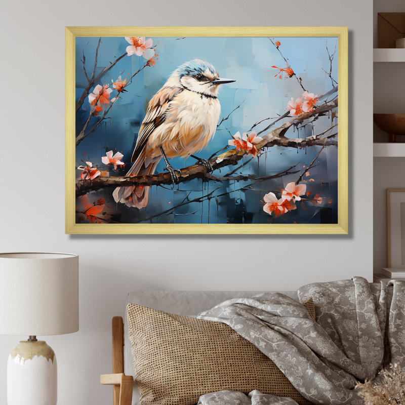 «Winter Birds On Snowdrops Branch» sur toile, H 24 po x l 32 po x P 1 po, Cadre doré simple