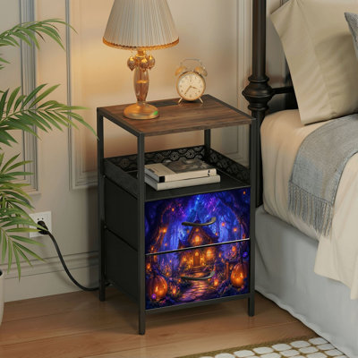 2 Drawers Nightstand with Charging Station, Bedroom Nightstand with USB Ports, Outlets Open Shelf Black, night stand with Forest Cottage Glowing Lanterns Pumpkin Decorations Fantasy Night Print