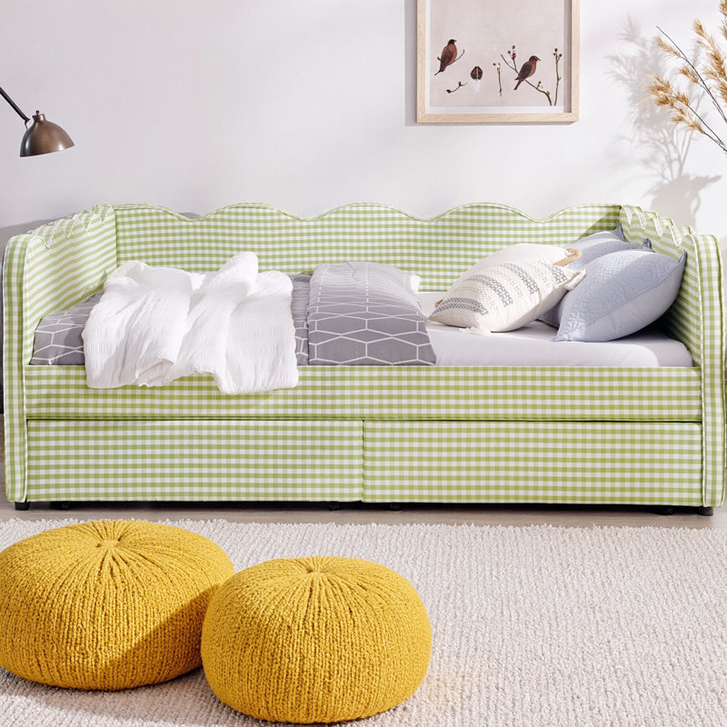 Queen Size Cozy Gingham Daybed with Two Storage Drawers, Linen Fabric Sofa Bed with USB Port and Adorable Wave Shaped Design, for Bedroom or Living Room