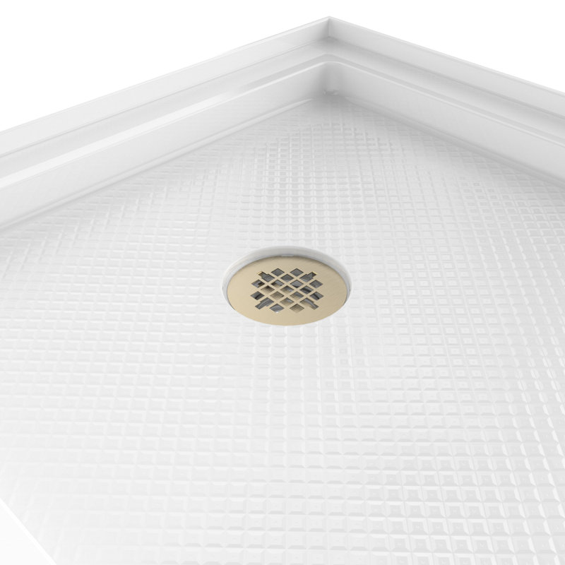 DreamLine SlimLine 30 inch D x 60 inch W x 2 3/4 inch H Single Threshold White Alcove Shower Base with 2 inch Brushed Brass Left Round Drain