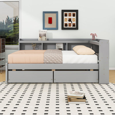 Full-Size L-Shaped Daybed with Charging Station and Storage Drawers,Shelves