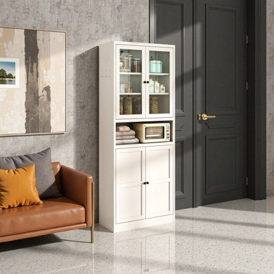 Garde-manger en métal blanc Noble Home de 72 po - Structure en acier inoxydable robuste, porte de rangement en verre avec tablettes réglables pour la cuisine, le garde-manger ou la salle de bain