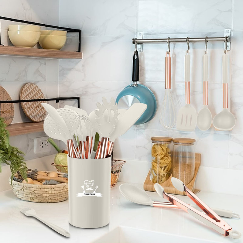 Ensemble 14 ustensiles de cuisine en silicone 14 pièces, en acier inoxydable, antiadhésif, résistant à la chaleur, sans BPA